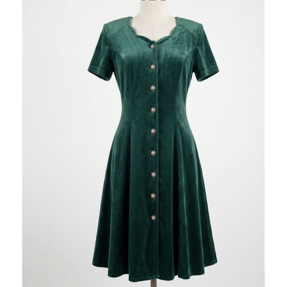 VTG 90s Dark Academia Emerald Velvet Midi Dress 6 Cottage Modest Puffy Sleeve